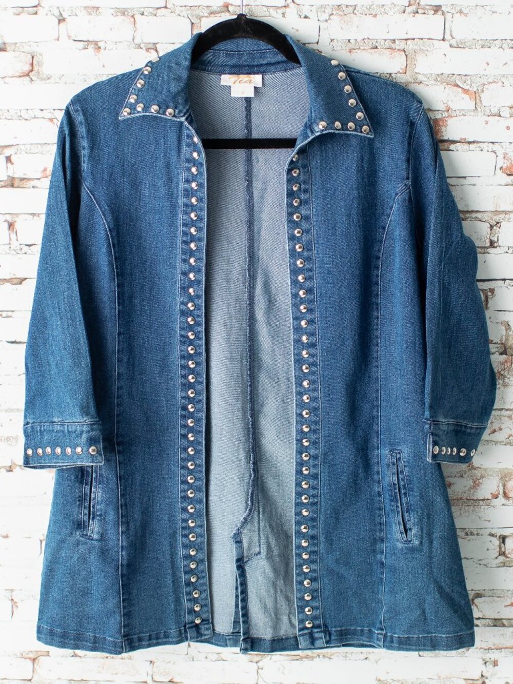 Tia Women's Small Studded Denim Duster Jacket Blue Open Front Stretch 3/4 Sleeve